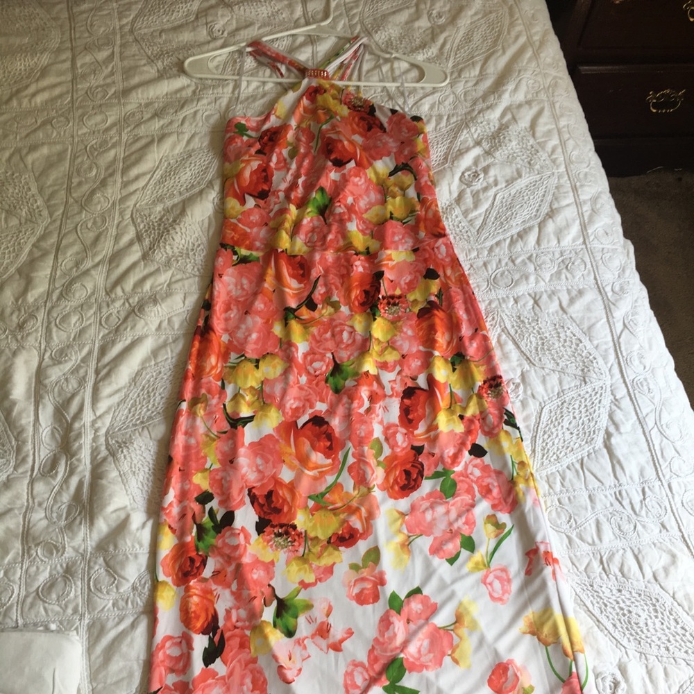White halter top maxi w/ bright flowers